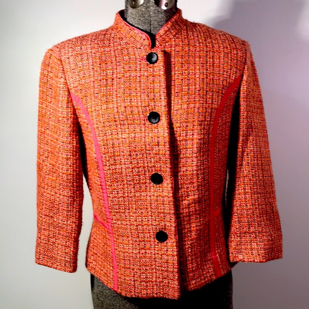 Sigrid Olsen Blazer Size 6 Petite Pink Brown & Orange W/Pink Ribbon Trim